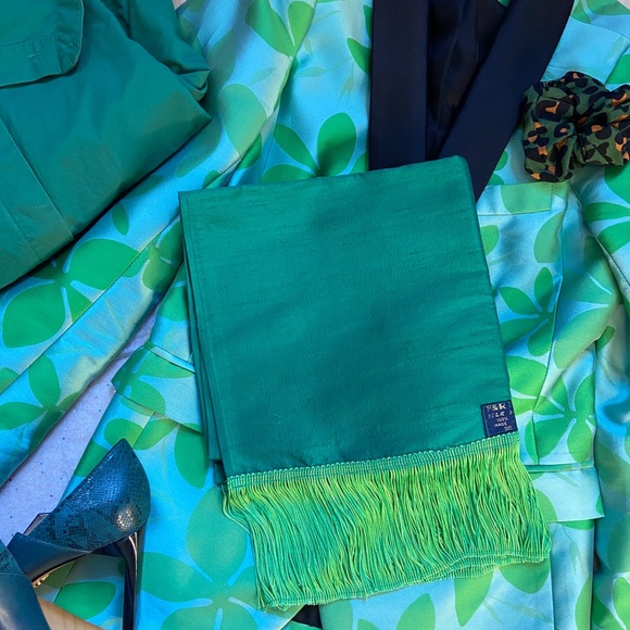 Green silk scarf / wrap with fringe